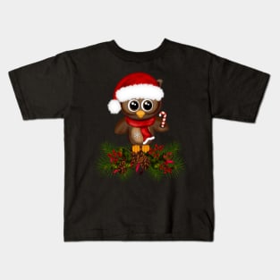 Cute Christmas Owl On Pine Branch Kids T-Shirt